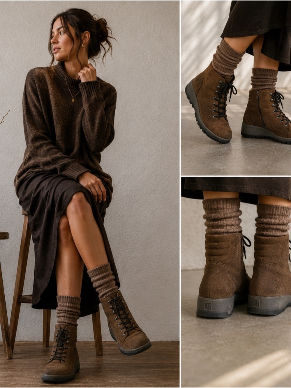 Fly London Brown Suede Combat Boots Fall Winter Lace Up Side Zip EU 40 Women 8.5